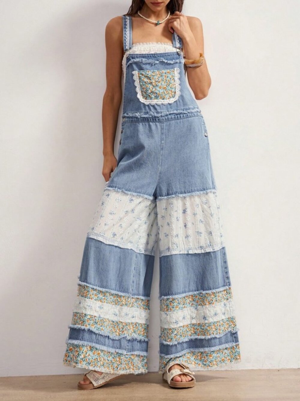 Blue Denim Floral Patchwork Wide-Leg Overalls with Lace Trim